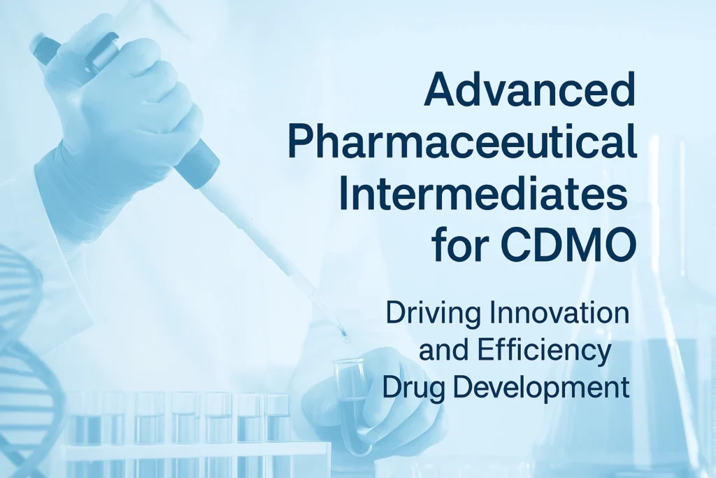 Banner image illustrating advanced pharmaceutical intermediates for CDMO, featuring chemical structures, lab equipment, and modern manufacturing visuals representing innovation and efficiency in drug development