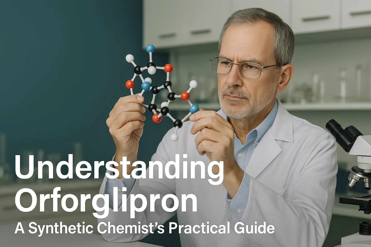 Cover image for a scientific article about Orforglipron, featuring molecular structures and pharmaceutical research visuals representing GLP-1 drug de