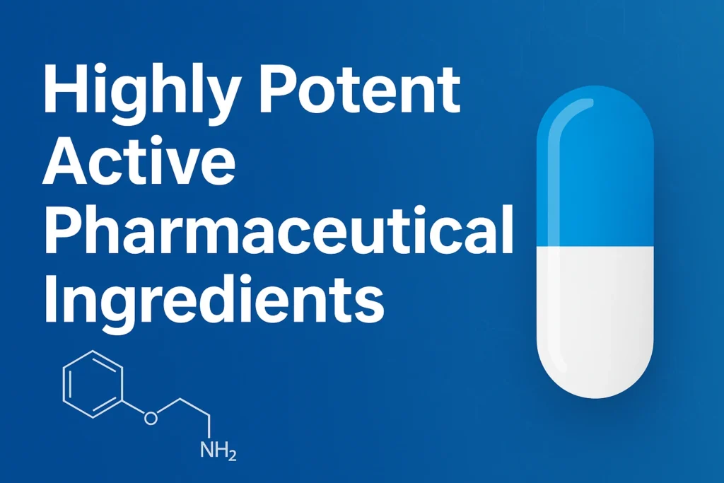 Illustration of highly potent active pharmaceutical ingredients (HPAPIs) with capsule design and chemical structure for drug development