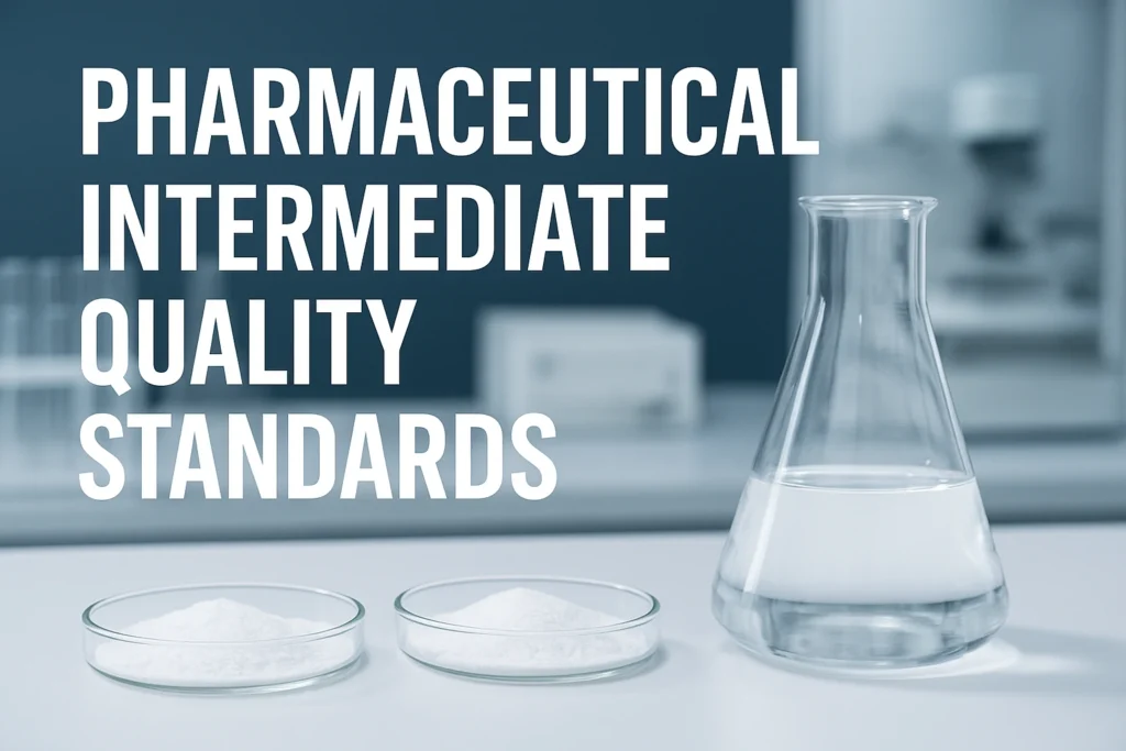 Pharmaceutical intermediate quality standards illustrated with laboratory glassware and white powder samples in a controlled lab environment
