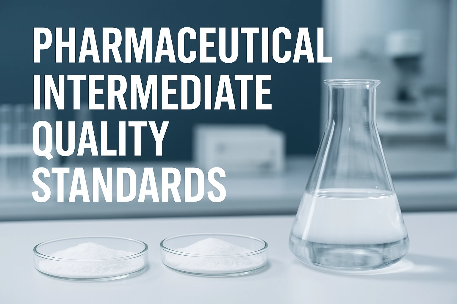 Pharmaceutical intermediate quality standards illustrated with laboratory glassware and white powder samples in a controlled lab environment