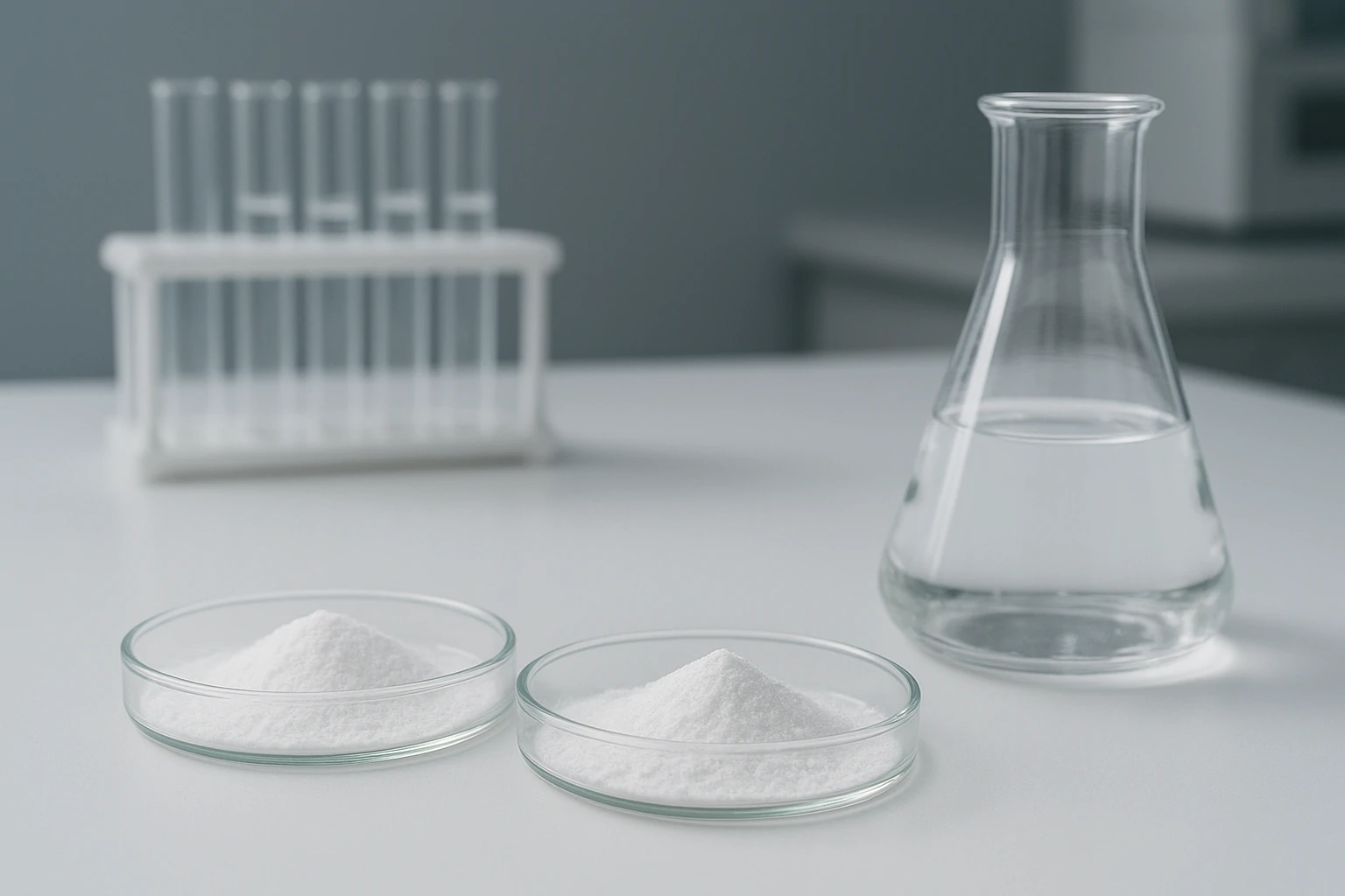 Pharmaceutical intermediates being analyzed in a laboratory environment with glassware and chemical samples for quality control.