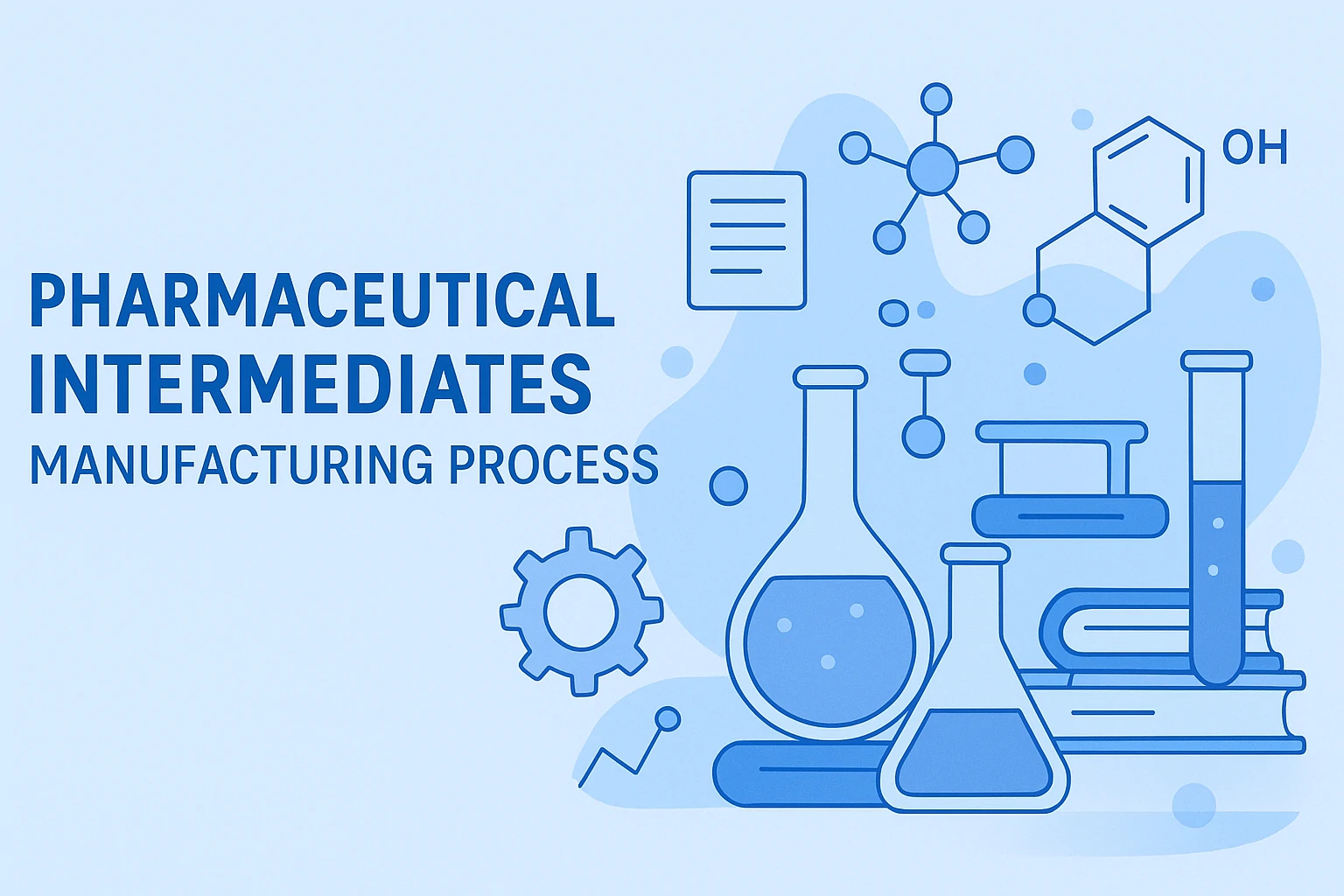 Horizontal banner showing the pharmaceutical intermediates manufacturing process, featuring lab equipment and chemical synthesis visuals in a clean, professional design.