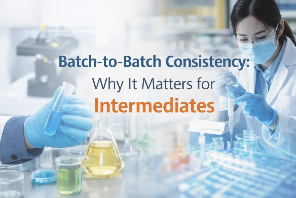 Laboratory and manufacturing scenes illustrating batch-to-batch consistency in pharmaceutical intermediate production