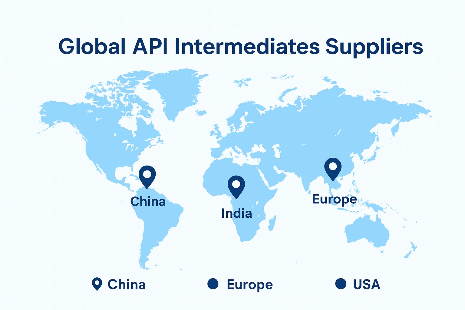 World map infographic highlighting major global API intermediates suppliers in China, India, Europe, and the USA