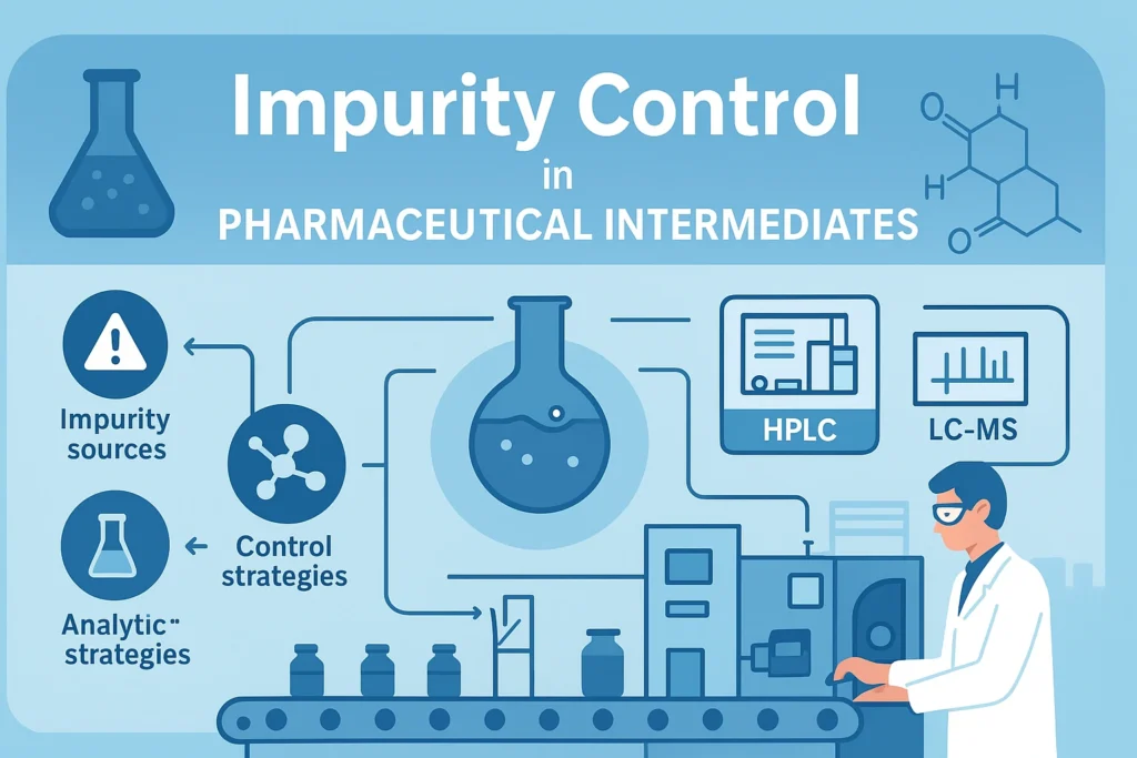 Infographic showing impurity control workflow in pharmaceutical intermediates, including impurity sources, analytical methods, and production quality control.