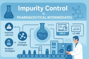 Infographic showing impurity control workflow in pharmaceutical intermediates, including impurity sources, analytical methods, and production quality control.