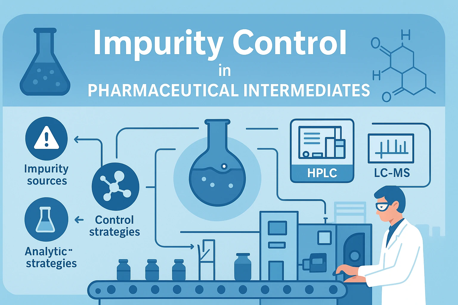 Infographic showing impurity control workflow in pharmaceutical intermediates, including impurity sources, analytical methods, and production quality control.