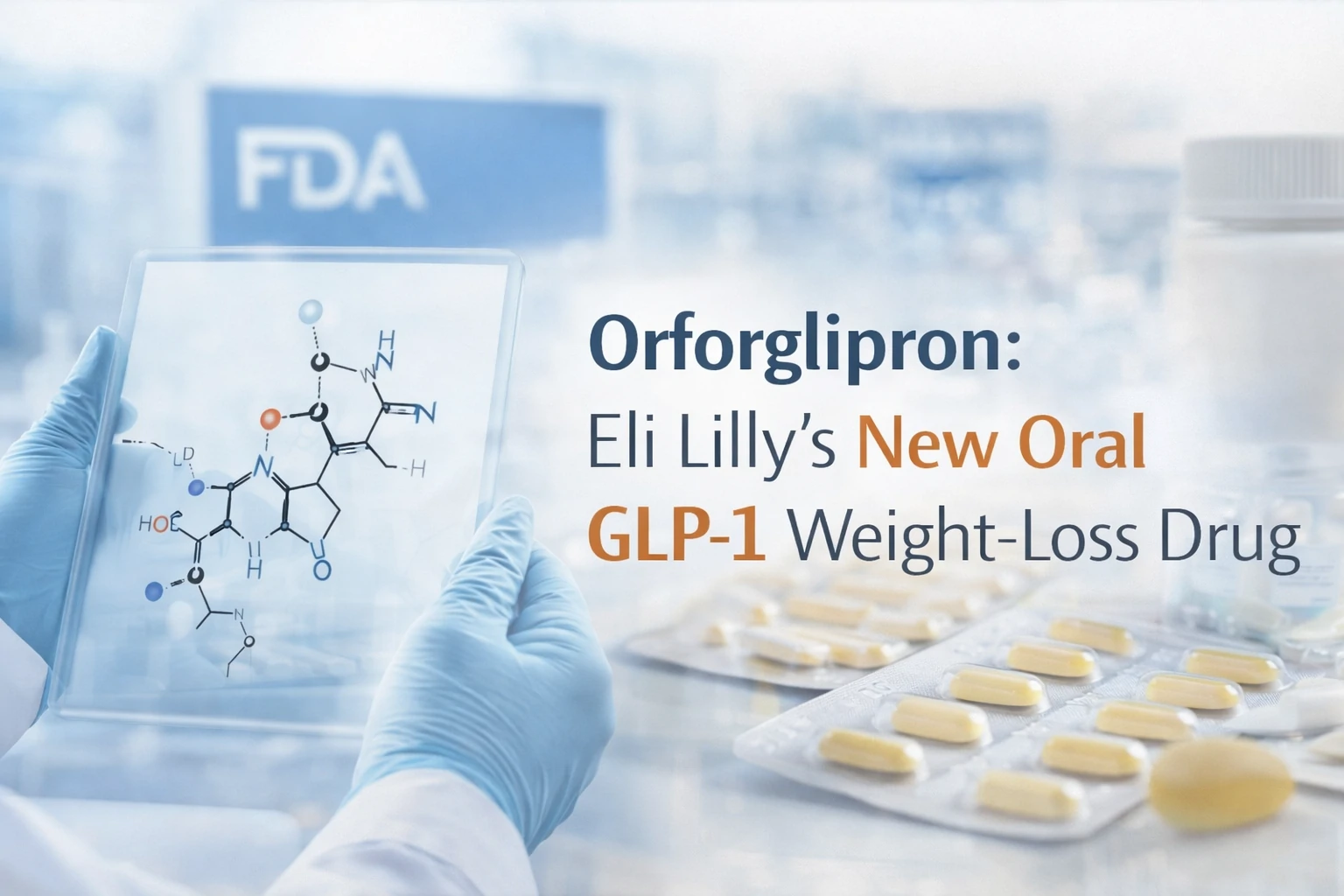 Orforglipron oral GLP-1 weight loss drug with molecular structure and pharmaceutical tablets on blue background