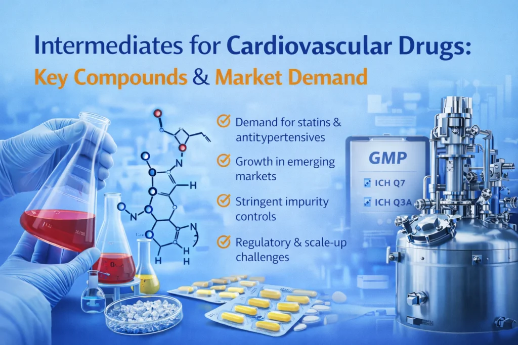 Intermediates for cardiovascular drugs showing key compounds, GMP manufacturing, and global market demand