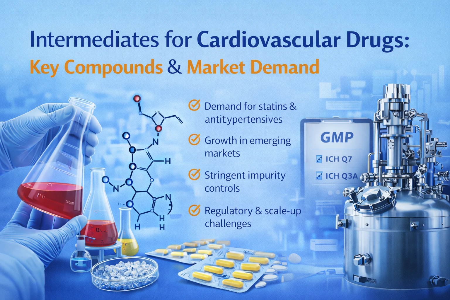 Intermediates for cardiovascular drugs showing key compounds, GMP manufacturing, and global market demand