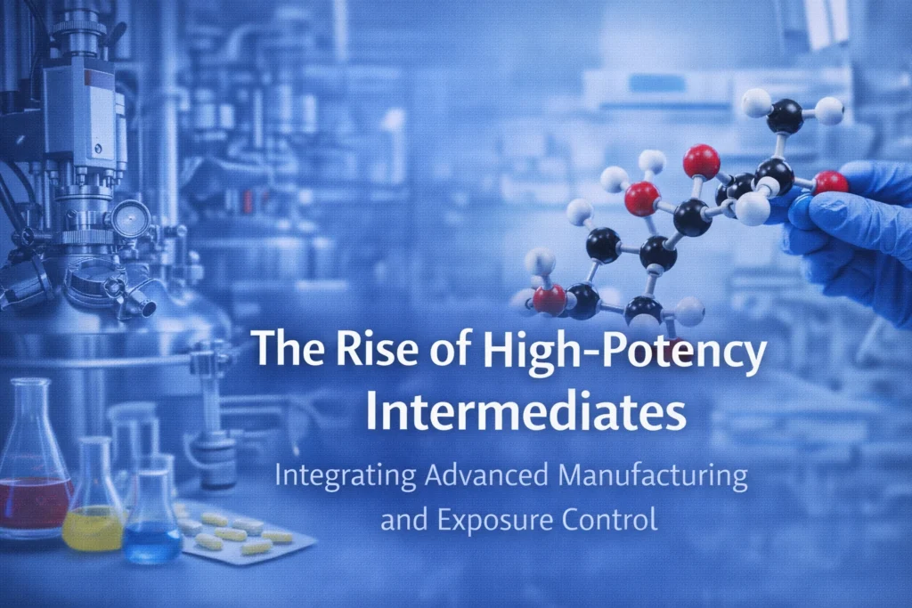 The rise of high-potency intermediates in pharmaceutical manufacturing, showing molecular structures and controlled laboratory equipment