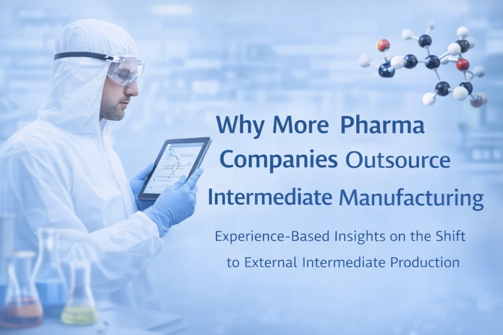 Scientist reviewing pharmaceutical intermediate manufacturing process, illustrating why pharma companies outsource intermediates