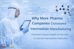 Scientist reviewing pharmaceutical intermediate manufacturing process, illustrating why pharma companies outsource intermediates