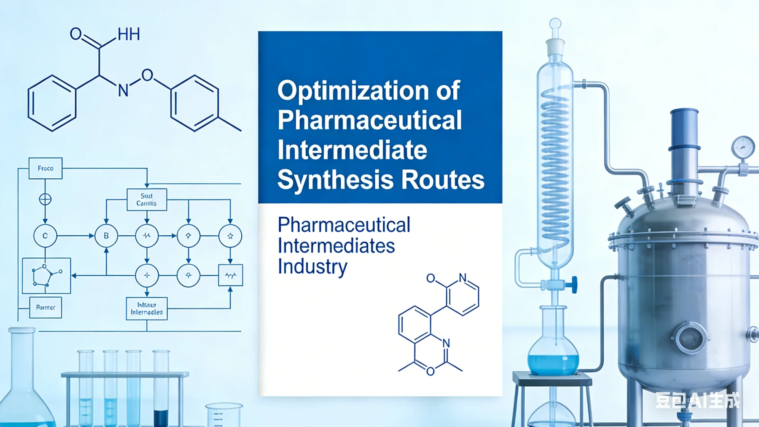 Scientific illustration showing pharmaceutical synthesis route optimization for improved API yield and purity, featuring chemical structures and lab equipment.