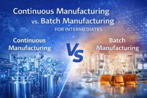 Continuous vs batch manufacturing comparison for pharmaceutical intermediates, showing modern reactors and laboratory batch processes