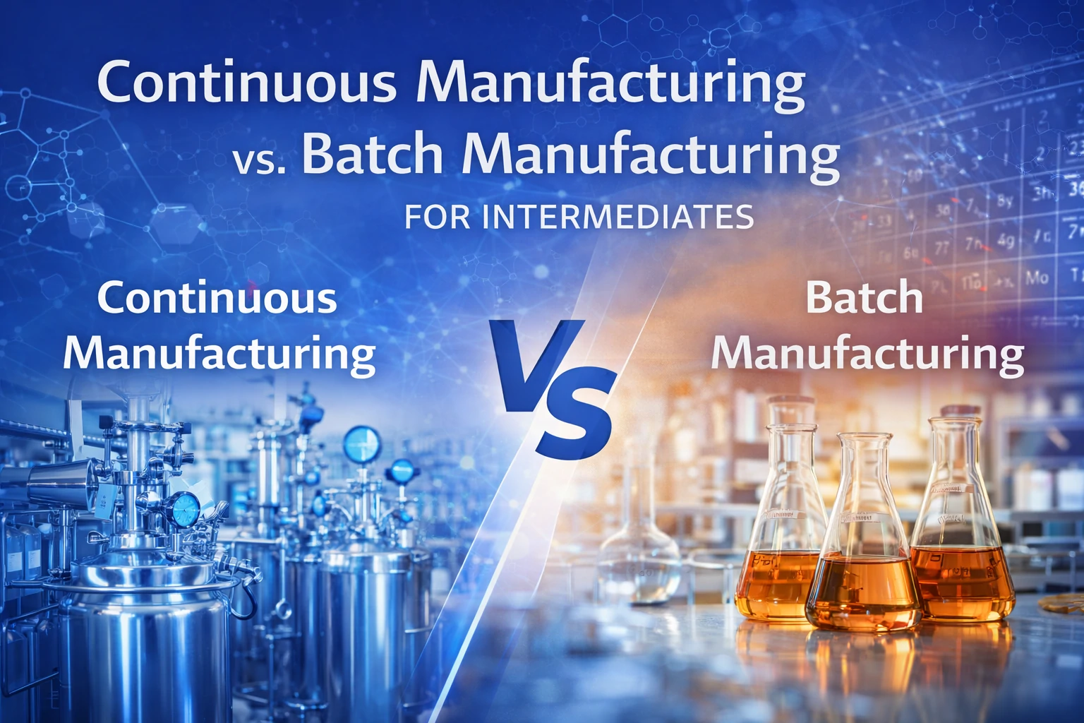 Continuous vs batch manufacturing comparison for pharmaceutical intermediates, showing modern reactors and laboratory batch processes