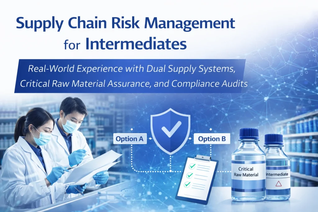 Supply chain risk management for pharmaceutical intermediates with dual supply systems, critical raw material control, and compliance audits