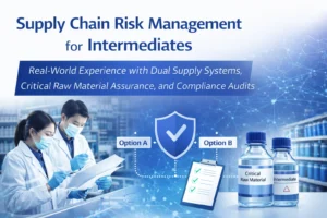 Supply chain risk management for pharmaceutical intermediates with dual supply systems, critical raw material control, and compliance audits