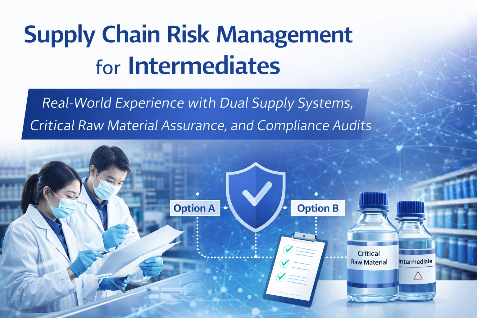Supply chain risk management for pharmaceutical intermediates with dual supply systems, critical raw material control, and compliance audits