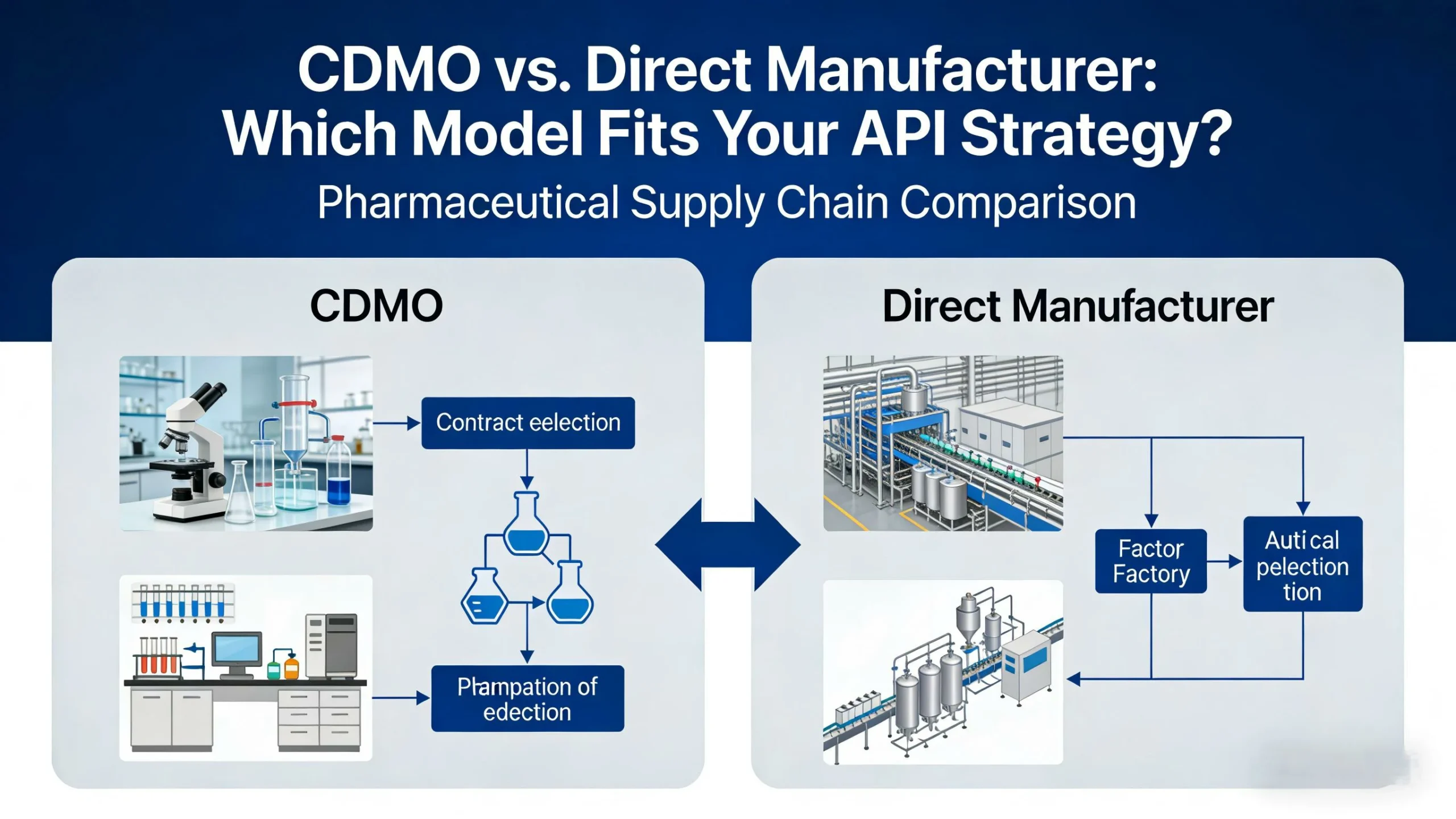 Infographic comparing CDMO technical partnership vs direct manufacturer production for pharmaceutical API supply chain strategy, featuring lab R&D and industrial manufacturing visuals.