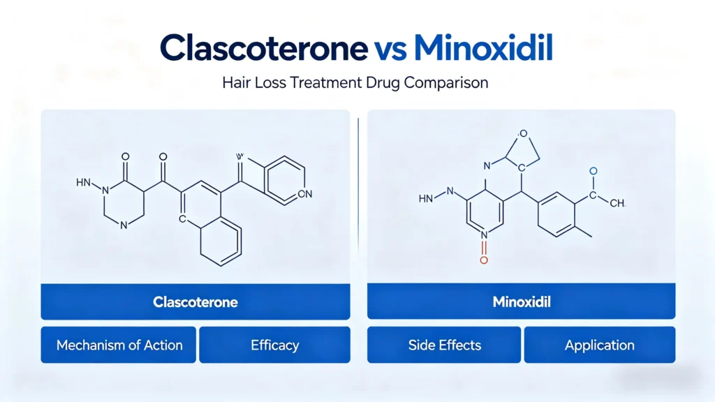 Clascoterone vs Minoxidil: Mechanism, Efficacy, Comparison for Androgenetic Alopecia Hair Loss Treatment