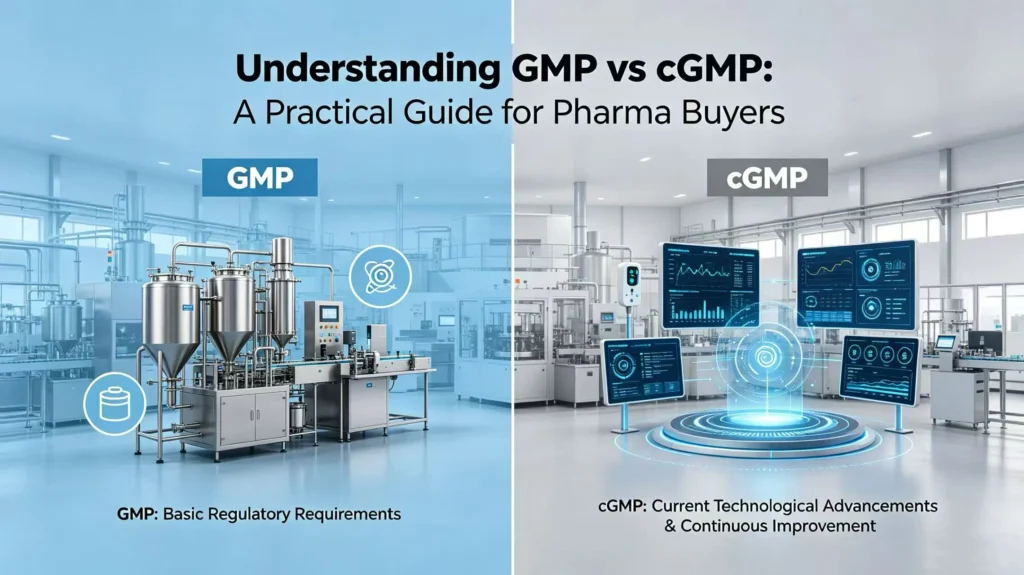 Guide explaining the differences between GMP and cGMP for pharmaceutical buyers, API and pharmaceutical intermediates sourcing compliance