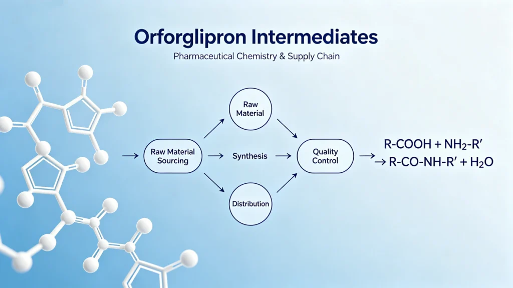 Orforglipron intermediates supply chain and pharmaceutical chemistry diagram, showing the synthesis workflow from raw material sourcing to quality control for the first oral small-molecule GLP-1 drug