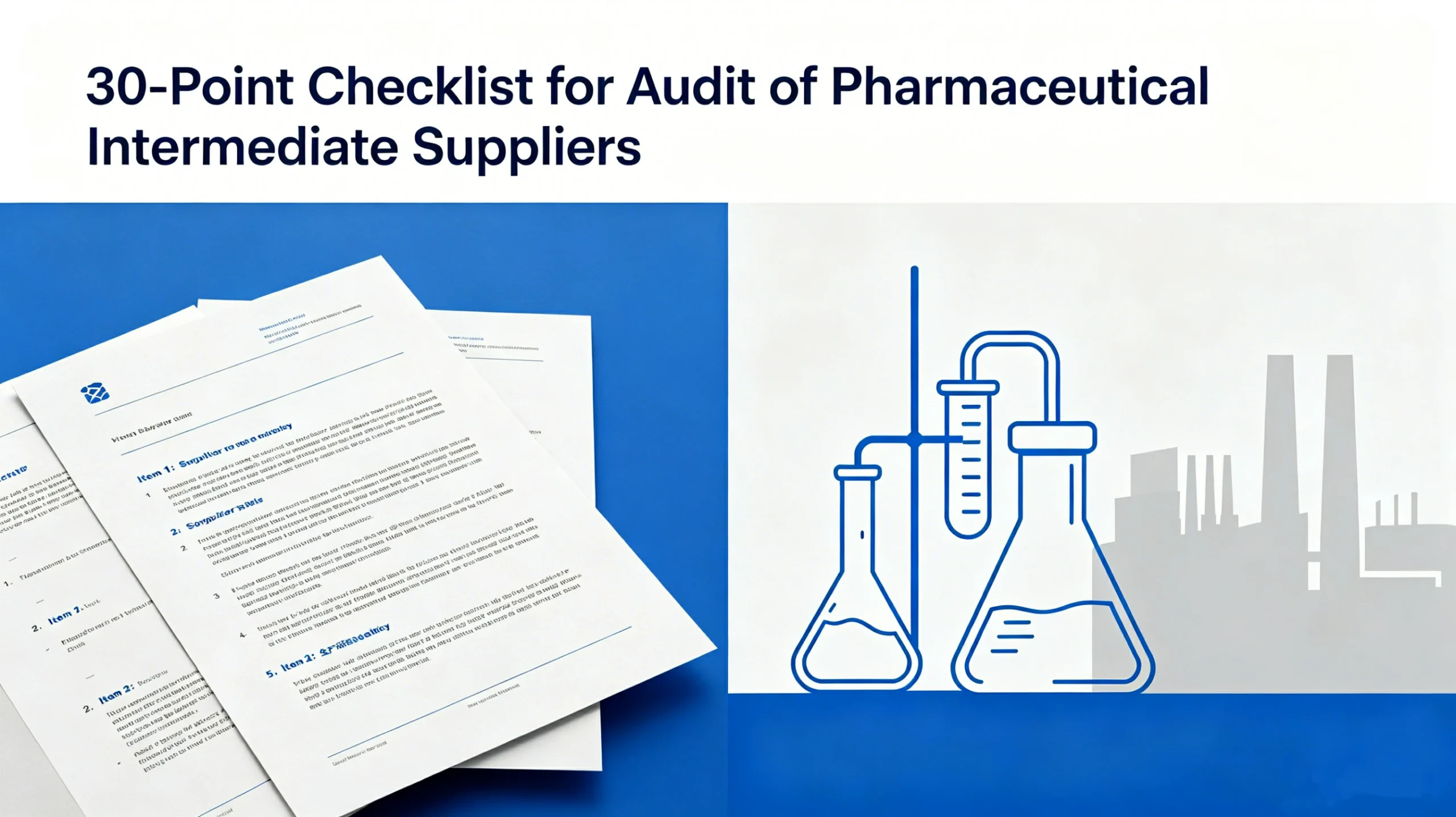 Horizontal cover image of 30-point pharmaceutical intermediate supplier audit checklist for GMP, quality system, analytical capability and supply chain compliance in pharma API procurement