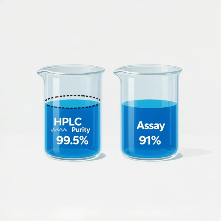 Comparison of HPLC purity vs Assay value in pharmaceutical COA - showing why area normalization can overstate purity compared to reference standard method