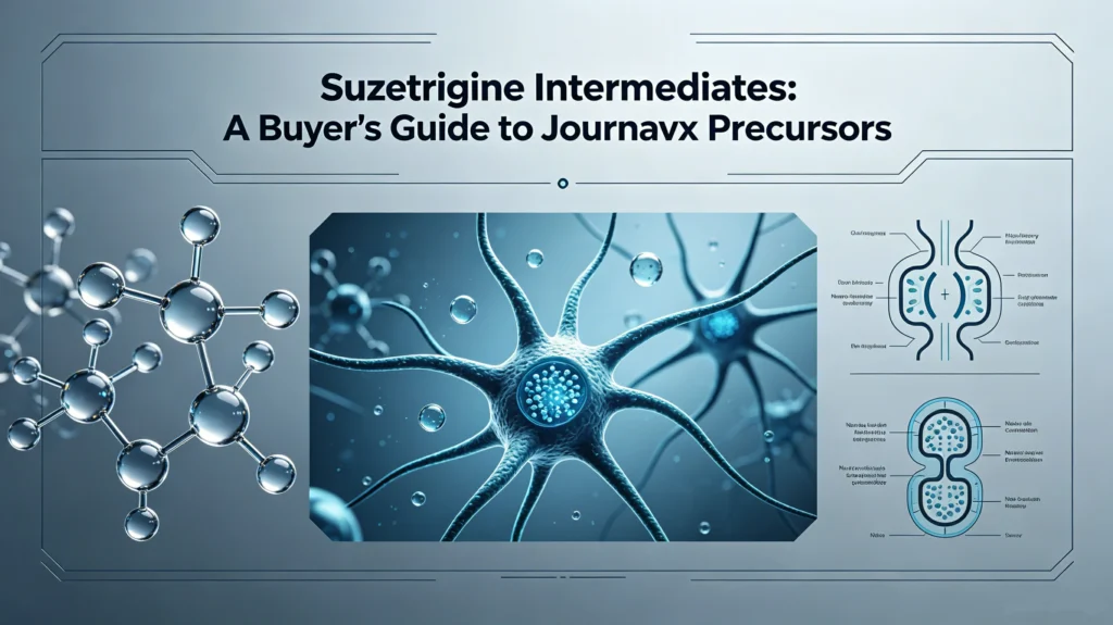 Suzetrigine intermediates buyer guide banner for sourcing Journavx NaV1.8 inhibitor precursors, chiral THF core synthesis & pharma quality control checklist