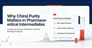 Blog cover Why Chiral Purity Matters in Pharmaceutical Intermediates, procurement checklist covering ee% testing, chiral HPLC, ICH Q6A compliance and COA stereochemistry red flags