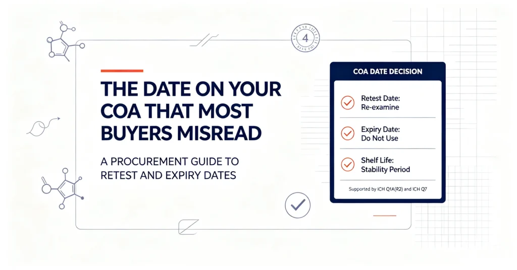 COA retest date vs expiry date blog banner, ICH stability guideline explanation for pharmaceutical intermediate procurement teams avoiding inventory material waste