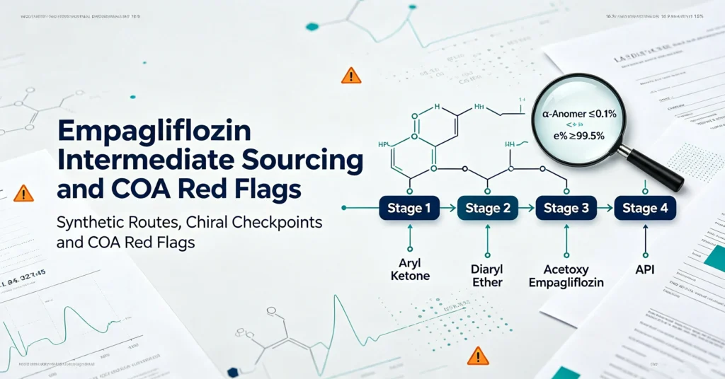 Blog banner Empagliflozin Intermediate Sourcing Buyers Guide, SGLT2 inhibitor chiral purity control, acetoxy empagliflozin α-anomer impurity & Jardiance patent procurement tips