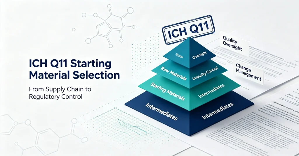 Blog cover for ICH Q11 Starting Material Selection practical guide, structural fragment judgment, custom intermediate sourcing, supplier document audit and compliance risk control for pharmaceutical procurement teams
