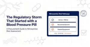 Nitrosamine impurity regulatory storm blog banner, valsartan NDMA contamination risk guide for pharma intermediate buyers following FDA EMA nitrosamine control guidance