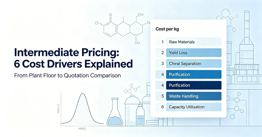 Pharmaceutical intermediate pricing guide blog banner, six manufacturing cost drivers breakdown for pharma procurement buyers comparing supplier quotes and raw material yield costs