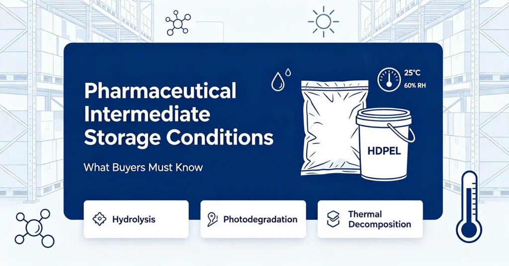 Blog cover showing pharmaceutical intermediate storage conditions, including hydrolysis, photodegradation and thermal decomposition risks for buyers