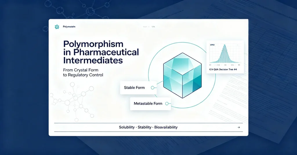 Blog cover Polymorphism in Pharmaceutical Intermediates guide, solid form management, ritonavir crystal case, ICH Q6A rule and polymorph risk check on supplier COA for pharma purchasers
