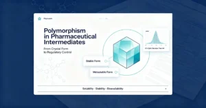 Blog cover Polymorphism in Pharmaceutical Intermediates guide, solid form management, ritonavir crystal case, ICH Q6A rule and polymorph risk check on supplier COA for pharma purchasers