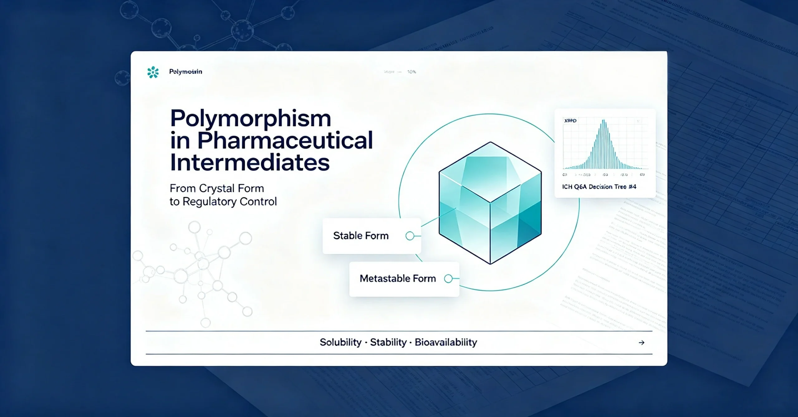 Blog cover Polymorphism in Pharmaceutical Intermediates guide, solid form management, ritonavir crystal case, ICH Q6A rule and polymorph risk check on supplier COA for pharma purchasers