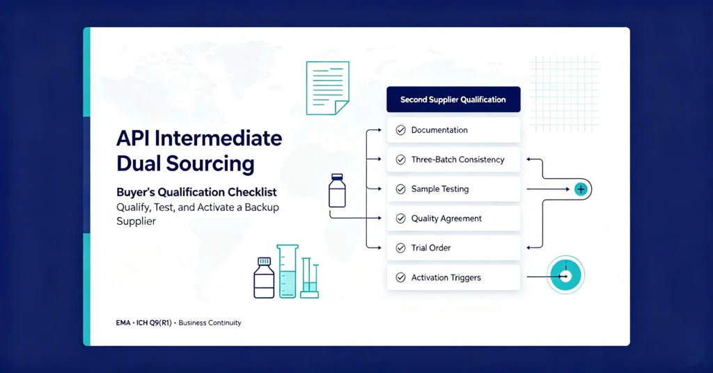 Dual Sourcing for API Intermediates buyer qualification checklist, pharmaceutical supply chain risk management for generic drug manufacturers