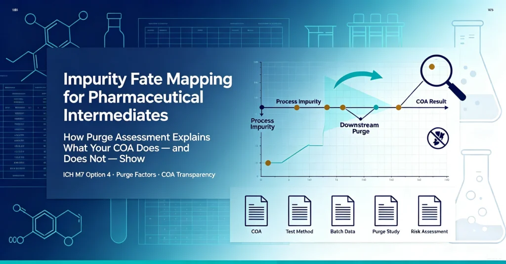 Blog cover about impurity fate mapping for pharmaceutical intermediates, purge assessment and COA limitations, ICH M7 Option 4 pharmaceutical quality analysis graphic, professional dark‑blue‑grey tech background