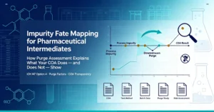 Blog cover about impurity fate mapping for pharmaceutical intermediates, purge assessment and COA limitations, ICH M7 Option 4 pharmaceutical quality analysis graphic, professional dark‑blue‑grey tech background
