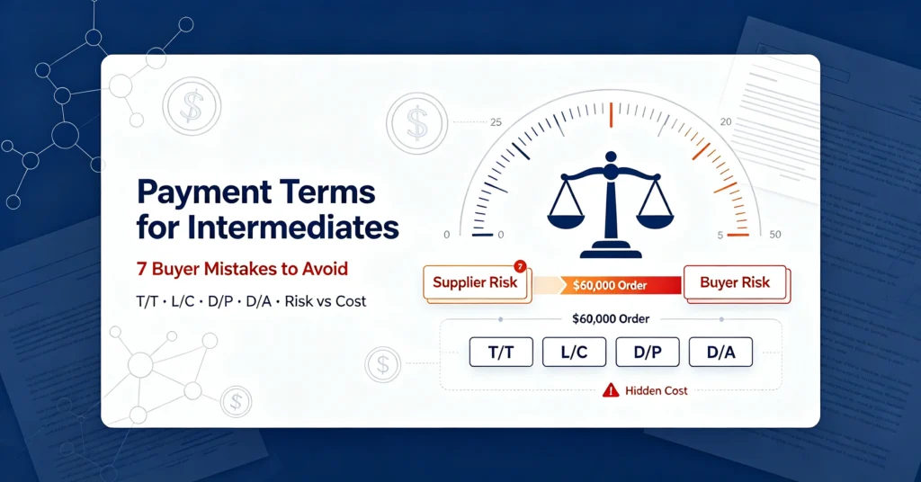 Blog banner about payment terms for pharmaceutical intermediates, risk balance between buyer and supplier, T/T, L/C, D/P, D/A comparison and 7 common buyer mistakes
