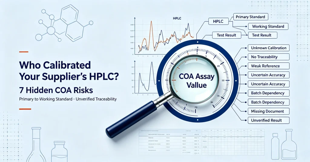 Blog cover: Who Calibrated Your Supplier's HPLC? 7 Hidden COA Risks. HPLC calibration, reference standard traceability and COA quality risk analysis for pharmaceutical raw‑material buyers.