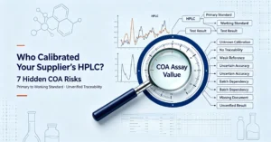 Blog cover: Who Calibrated Your Supplier's HPLC? 7 Hidden COA Risks. HPLC calibration, reference standard traceability and COA quality risk analysis for pharmaceutical raw‑material buyers.