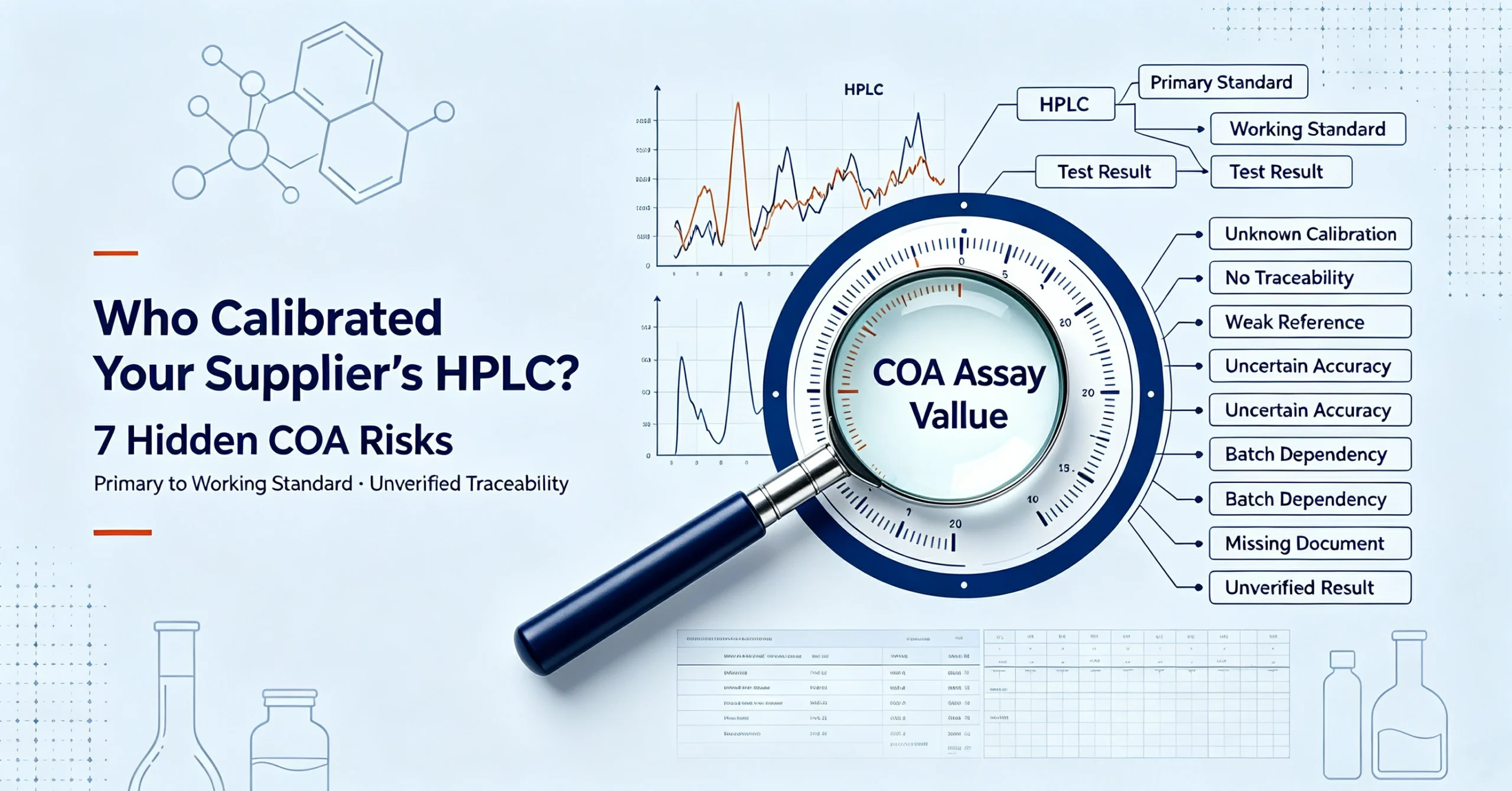 Blog cover: Who Calibrated Your Supplier's HPLC? 7 Hidden COA Risks. HPLC calibration, reference standard traceability and COA quality risk analysis for pharmaceutical raw‑material buyers.