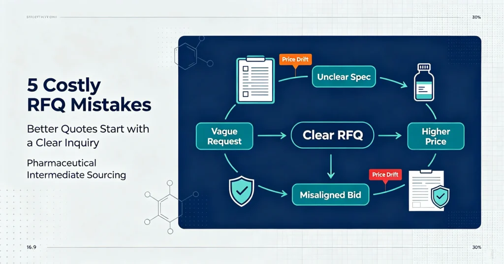 Blog cover:5 Costly RFQ Mistakes, Better Quotes Start with a Clear Inquiry, Pharmaceutical Intermediate Sourcing workflow diagram
