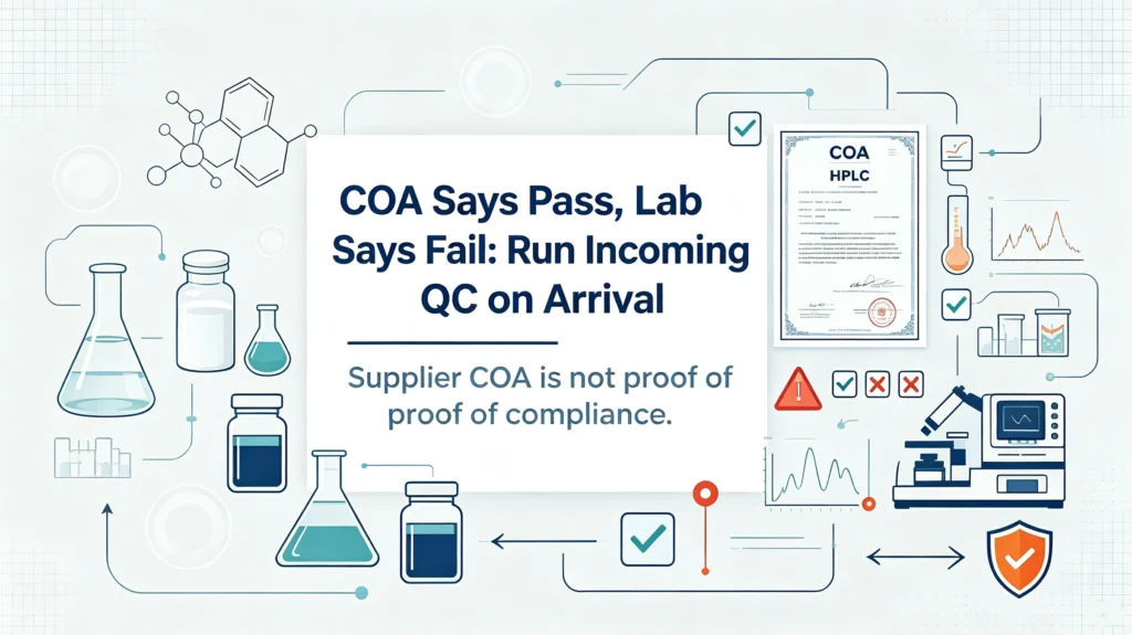 Pharmaceutical intermediate quality control banner: COA pass vs lab fail risk analysis for incoming QC inspection after raw‑material arrival